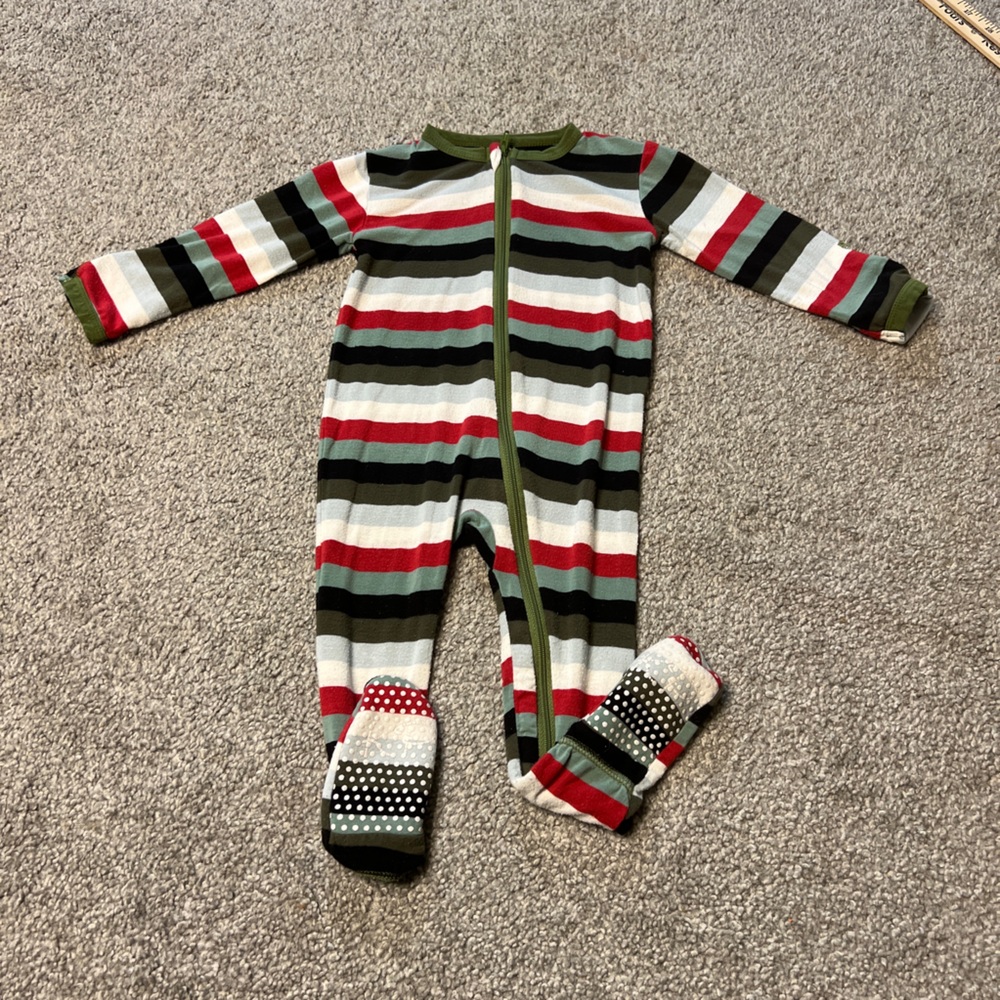 Kickee pants sleeper baby boy 6-9M‎ green red stripes bamboo stretch zip unisex